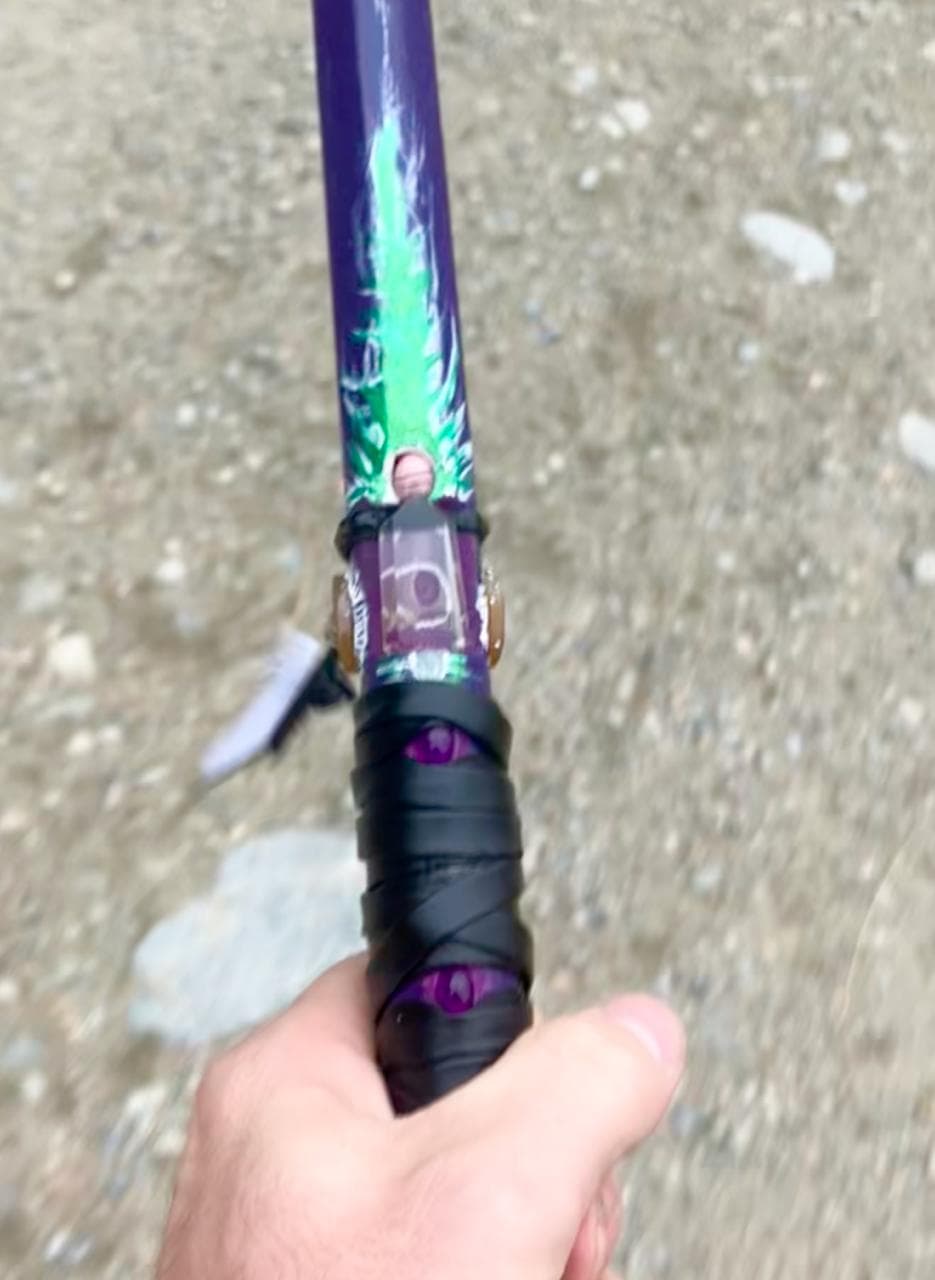 Purple Spirit Sword with green hand painted detail, crystals and a black wrapped handle