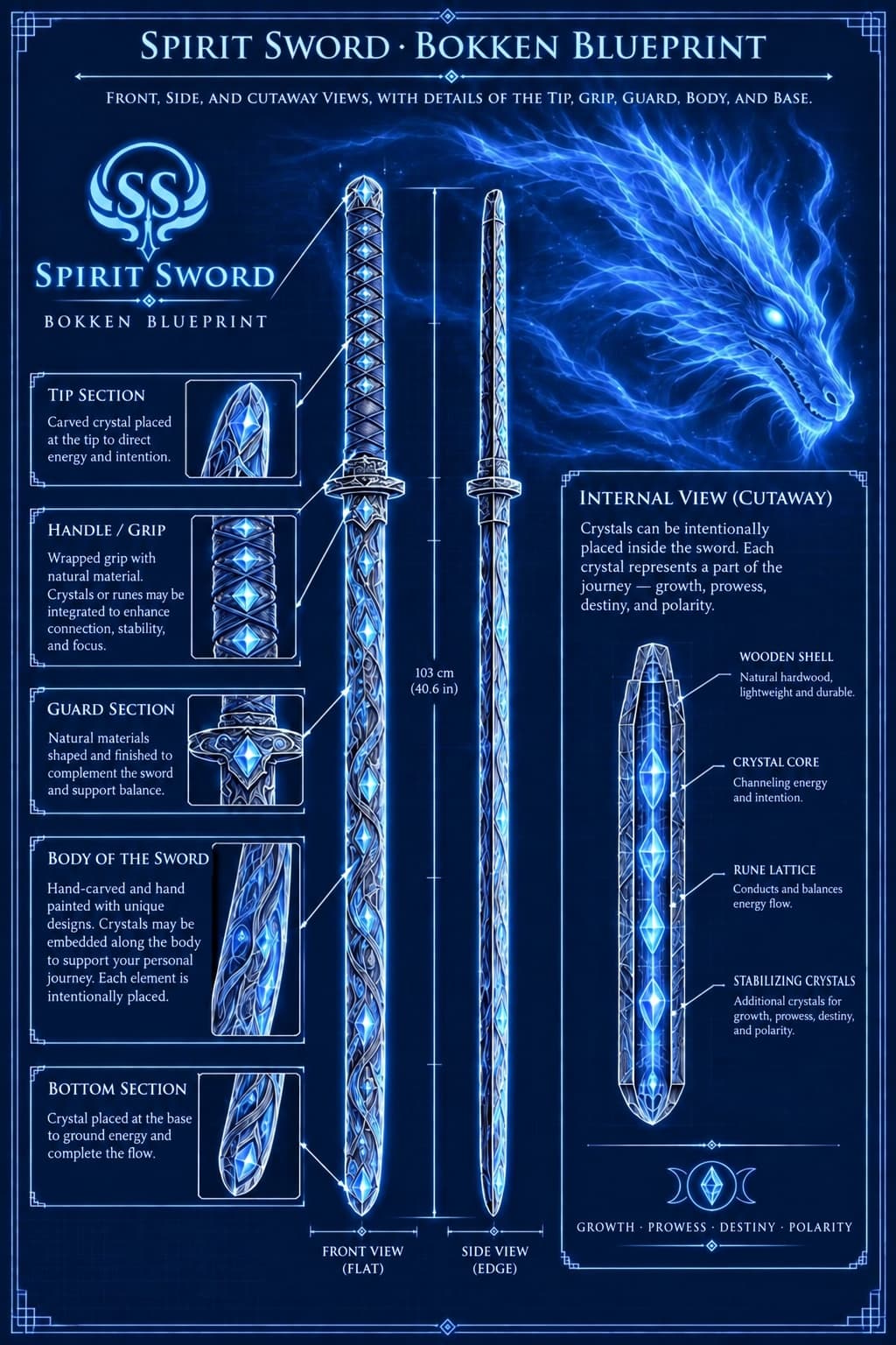 Blue Spirit Sword bokken blueprint beside a dragon, showing a wrapped grip, carved wooden body, and crystal placements inside the sword and at both ends.